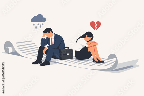 Sad Businessman and Woman Sitting Back to Back on a Very Long Contract Document Feeling Desperate and Stressed, Illustration of Legal Regret, Burnout, and Relationship or Business Failure Concept