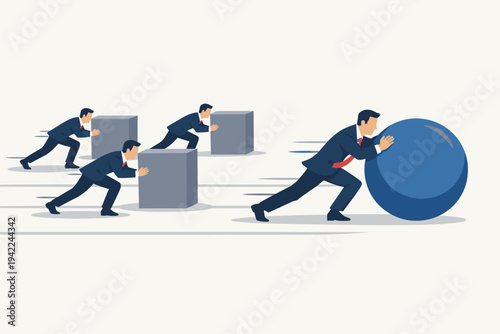 Smart Businessman Pushing a Blue Sphere Leading the Race Against a Group of Slower Businessmen Pushing Heavy Cubes. Concept of Efficiency, Innovation, and Strategic Advantage in Business Competition.