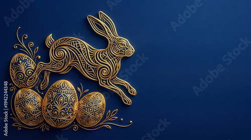 Królik wielkanocny z pisankami na niebieskim tle .