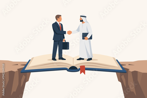 International Business Partnership Concept with Western and Arab Executives Shaking Hands on an Open Book Bridge over a Chasm, Symbolizing Cultural Exchange, Education, and Global Cooperation