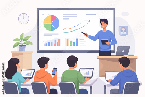 Flat vector illustration of a male teacher presenting data analytics on a large interactive screen to a class of students using laptops and mobile devices in a modern educational classroom.