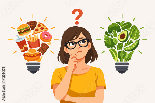 Vector illustration of a woman in glasses thinking about food choices between junk food like burgers and pizza versus healthy green vegetables like broccoli and avocado for a balanced diet.