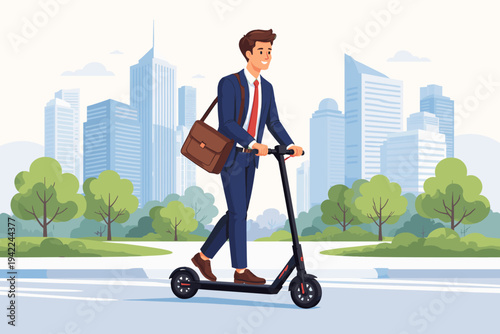 Vector Illustration of a Young Businessman in a Blue Suit Riding an Electric Scooter to Work on a Modern Cityscape Background with Skyscrapers and Green Trees, Eco-Friendly Urban Commuting Concept