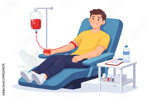 Vector illustration of a smiling young man donating blood in a clinic, sitting in a medical chair with a transfusion bag, test tubes, and clipboard, ideal for healthcare and charity concepts.