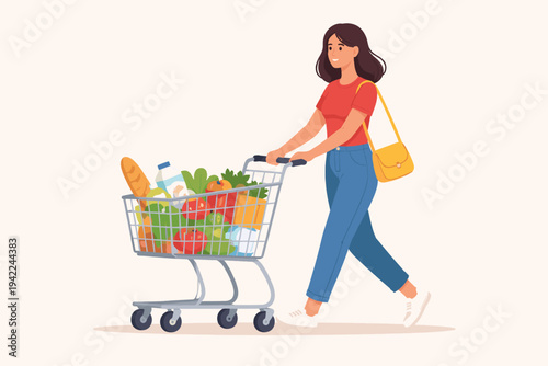 Young Woman Pushing a Shopping Cart Full of Fresh Groceries Including Bread, Milk, and Vegetables; Flat Vector Illustration of a Happy Female Shopper in a Supermarket on a Clean Light Background
