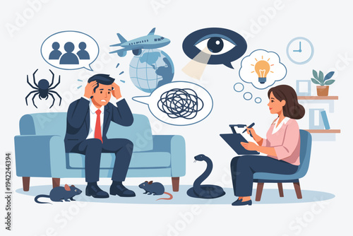 Overwhelmed Businessman with Multiple Phobias and Social Anxiety Undergoing Psychotherapy Session with a Professional Psychologist to Manage Stress, Fears, and Mental Health Issues Illustration.