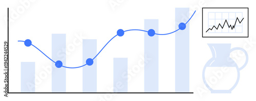 Data analysis, business reports, growth trends, performance tracking, charting, statistics. Bar graph with line graph overlay, small graph and abstract jug. Data analysis and growth trends concept