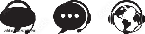 Minimal black communication and customer support icons featuring speech bubbles, headset conversation and global call center concept representing online chat, customer service, voice communication and