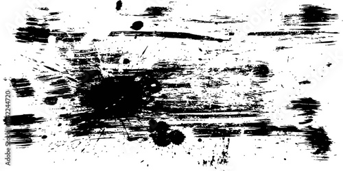 Abstract black grunge texture with messy brush strokes and ink splatters on white background