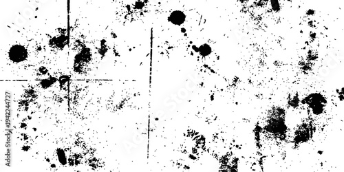 Black and White Grunge Distress Texture Vector Background Overlay with Ink Splatters Dust and Scratches