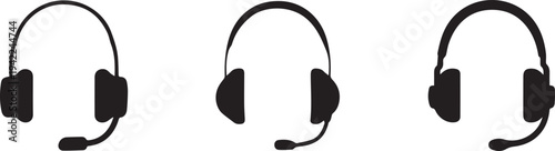 Minimal black customer support headset icons set showing call center headphones with microphone used for customer service, online communication, help desk assistance and technical support.