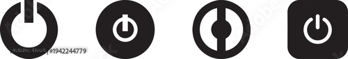 Minimal black power button icons set showing power on, shutdown and standby symbols commonly used in user interface design, electronic devices, computer systems and technology control panels.