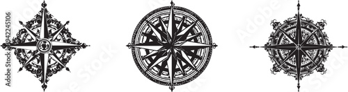 Minimal black vintage compass and navigation icons collection showing classic compass rose symbols used for travel, exploration, maritime navigation, map direction guidance and adventure design isolat