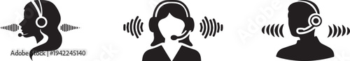 Minimal black customer service and communication headset icons showing speaking, listening, and call center support with sound waves, representing voice chat, online help desk, telecommunication and c