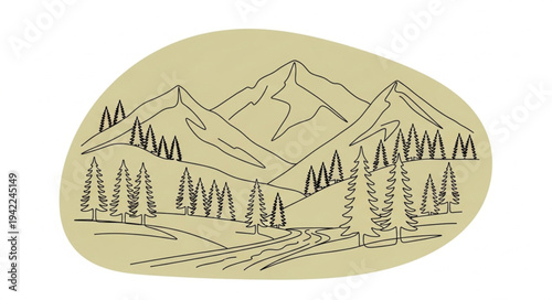 Hand-drawn Mountain Landscape Illustration with Trees and Hills.
