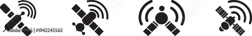 Minimal black satellite communication icons showing orbiting satellites transmitting wireless signal waves for global navigation, GPS tracking, broadcasting and space technology networks isolated on w