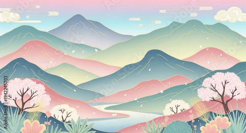 Beautiful watercolor landscape of rolling mountains and blooming trees.