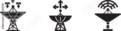 Minimal black wireless communication tower icons showing data transfer arrows, satellite signal and WiFi network transmission symbols isolated for telecom technology, broadcasting and connectivity des