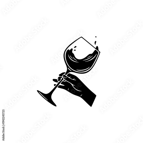 Hand Holding Red Wine Glass – Elegant Toast and Wine Tasting Gesture Silhouette for Restaurant Menu or Winery Minimalist Black Vector Illustration