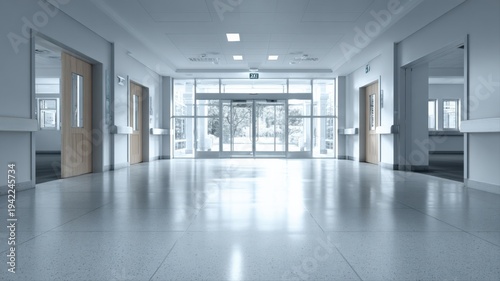 Wallpaper Mural Modern Hospital Interior: Clean Hallway with Natural Light and Glass Doors Leading to Exterior Torontodigital.ca