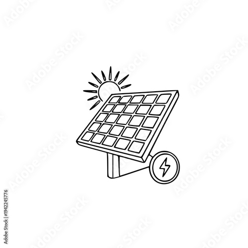 Solar Panel Renewable Energy Line Icon with Sun and Power Symbol, Clean Electricity Technology Vector Illustration