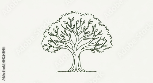 Stylized Tree Illustration with Detailed Branches and Leaves.