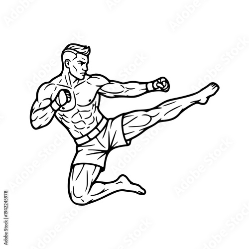 Muscular martial artist performing flying side kick combat sport fighter vector line art illustration isolated on white background