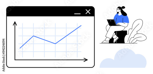 Business data concept. Business data by an upward graph showing growth, accompanied by a woman with a laptop working remotely. Business, education, analytics, fintech, remote work