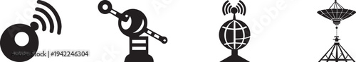 Minimal communication technology icons featuring radio antenna, satellite dish, broadcast tower and global signal symbols representing wireless transmission, telecom network and modern communication s