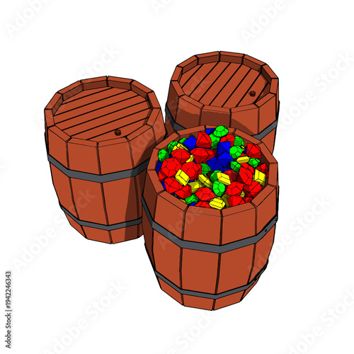 One Wooden Old Vintage filled by Gems and Two Closed Barrels. Vector Illustration.