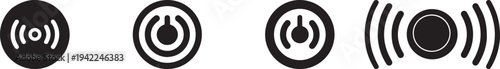 Minimal wireless signal and power button icons set representing connectivity, smart device activation, remote control and modern technology interface symbols in clean flat circle style isolated on whi