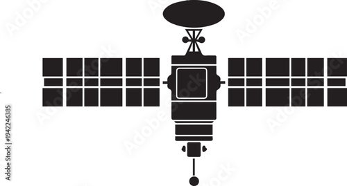 Black satellite silhouette with solar panels and communication antenna representing space technology, global telecommunications, orbital navigation and modern satellite transmission system isolated on