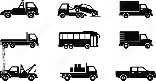 A variety of different types of vehicles and roadside assistance icons shown in silhouette