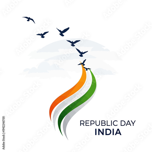 Republic Day India poster design with a stylized flag, flying birds, and a torch symbol on a white background, conveying a sense of national pride and celebration.