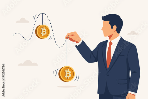 Businessman Manipulating Bitcoin Price Like a Yo-Yo Representing Cryptocurrency Market Volatility, Financial Risk, and Trading Speculation in a Flat Vector Illustration Concept for Investing.
