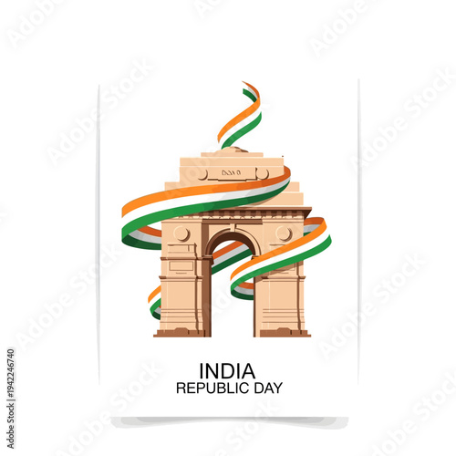 Vector illustration of India Gate monument with swirling orange, white, and green ribbons, celebrating Republic Day, on a white background with a logo and text.