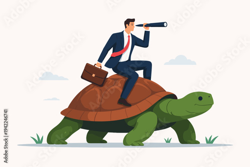 Businessman in a Suit Riding a Giant Tortoise while Looking Through a Telescope, Symbolizing Long-Term Business Strategy, Patience, Foresight, and Slow but Steady Progress towards Success.