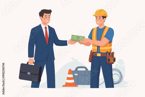 Businessman in a blue suit giving cash payment to a construction worker in a yellow hard hat and safety vest, flat vector illustration of financial transaction, salary, bribe, or loan payment.
