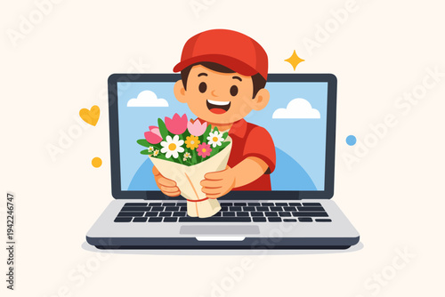 Cartoon Deliveryman Holding a Beautiful Flower Bouquet Emerging from a Laptop Screen, Online Flower Delivery Service Concept, Flat Vector Illustration for E-commerce and Gift Giving Websites