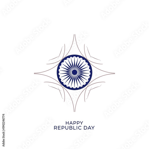 Vector illustration of a blue and white India Republic Day poster design featuring a wheel symbol, starburst lines, and 'Happy Republic Day' text on a white background with a patriotic