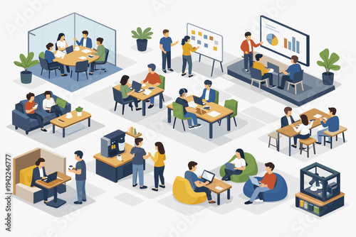 Isometric vector illustration of a modern coworking space and business community with diverse people working, collaborating in meetings, presenting data, and relaxing in a functional workspace.