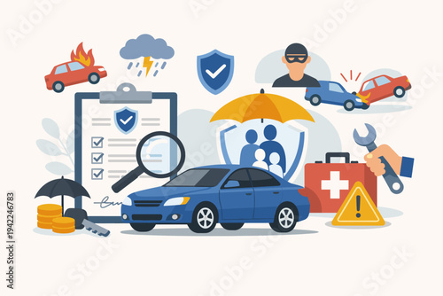 Comprehensive car insurance vector concept illustration featuring a blue sedan, policy document, family protection, accident coverage, theft prevention, roadside assistance, and financial safety.