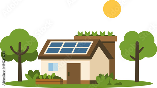 Modern eco friendly home with solar panels and green roof, symbolizing sustainable living and renewable energy vector illustration