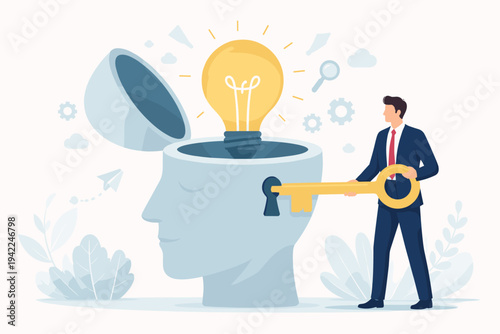 Businessman Unlocking Human Head with Golden Key to Reveal Glowing Light Bulb Idea, Representing Creativity, Innovation, Motivation, Insight, and Searching for New Business Opportunities.