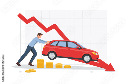 Man Pushing a Red Car Down a Declining Financial Graph Arrow Representing Automobile Depreciation, Vehicle Value Loss, Economic Downturn in Car Market, and Financial Crisis Concept Illustration