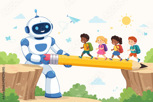 Vector illustration of a friendly robot holding a giant pencil as a bridge for diverse primary school children to cross a gap, symbolizing AI technology supporting education and future learning.