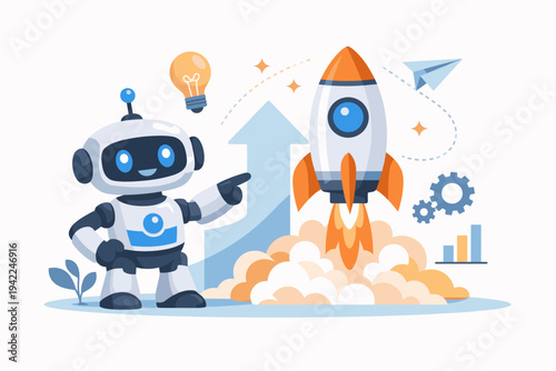 AI Robot Character Launching a Startup Project with a Rocket Ship, Light Bulb Idea, Growth Arrow, and Gears. Flat Vector Illustration for Business Innovation, Technology, and Future Success.