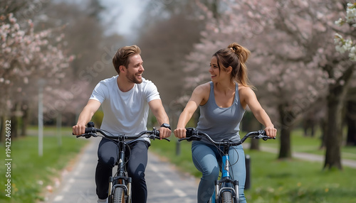 A happy couple enjoying a leisurely bike ride together on a beautiful spring day in a park.