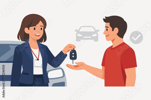 Professional saleswoman in a blue suit handing car keys to a happy male customer in a red shirt, symbolizing a successful car purchase, rental agreement, or dealership transaction vector.