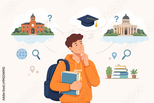 Student Thinking of Postgraduate Education and Choosing Between Different Colleges or Universities, Flat Vector Illustration of a Young Man with Books Deciding on His Future Academic Degree.